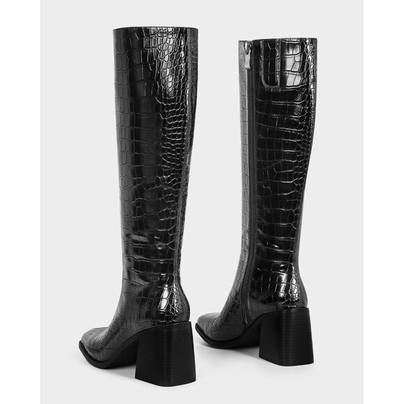 Women Crocodile Black Polyurethane Knee High Square Toe Block Heel Tall Boots - Picture 4 of 9